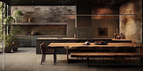 AI Generated. AI Generative. Modern luxury kitchen room house in black colors. Stone and wood decoration. Graphic Art