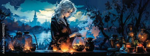 Young blonde sorceress stirs blue potion in cauldron, black cat silhouette.