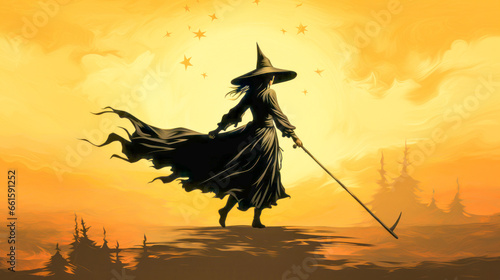 Blonde witch on broomstick with bat silhouette