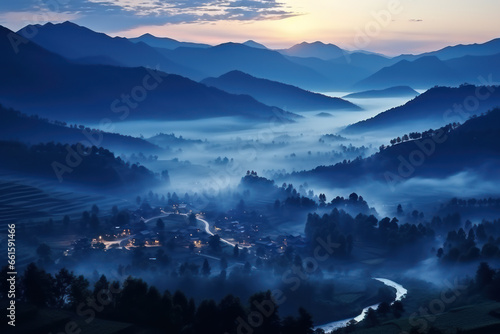 Mystical mysterious fog over the forest tops with a view of the mountains at dawn © serz72