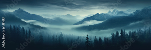 Mystical mysterious fog over the forest tops with a view of the mountains at dawn, banner © serz72
