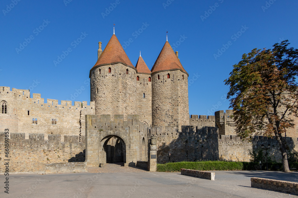 View at the Narbonnaise Gate to Old City fortress of Carcassonne
