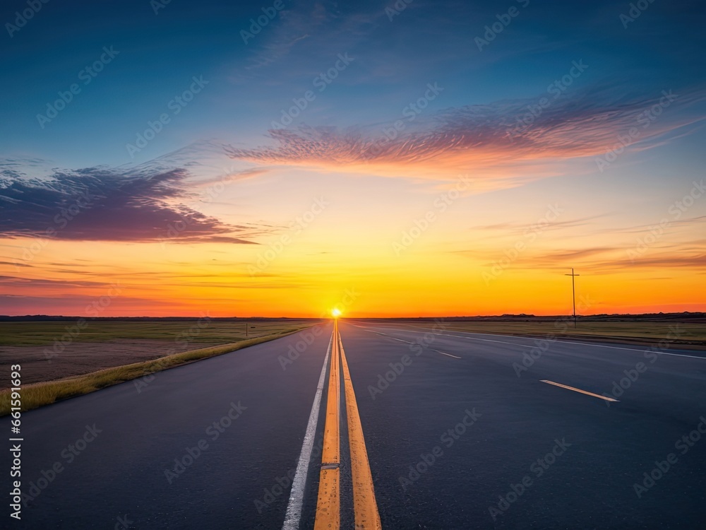 A deserted asphalt road with a breathtaking sky at dusk.