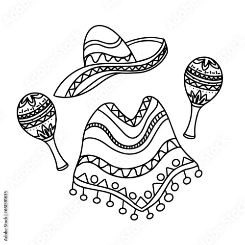 Mexican Traditional Clothes Sombrero Hat Maraca, Mexico Cinco De Mayo Holiday Flat Vector Illustration. Cinco de Mayo Mexican Hat, Maracas Cartoon Clipart. Mexican poncho icon line art