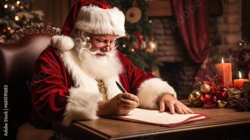 Santa's Wish List: A high-angle view captures Santa Claus's hands writing on a blank paper, crafting a list of wishes in his festive workshop