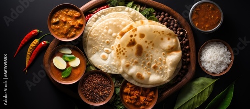 Indian and Sri Lankan cuisine featuring appam kadala curry and spicy chickpea masala served with rice pancakes and hoppers photo