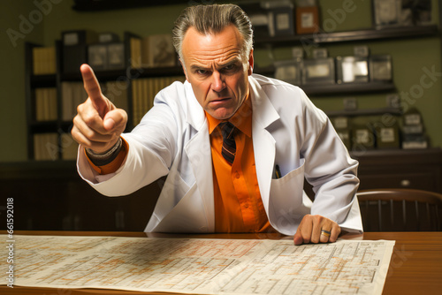 Stern doctor pointing at a medical chart on plain background.