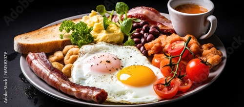 Traditional English breakfast including eggs bacon sausages beans toast and salad