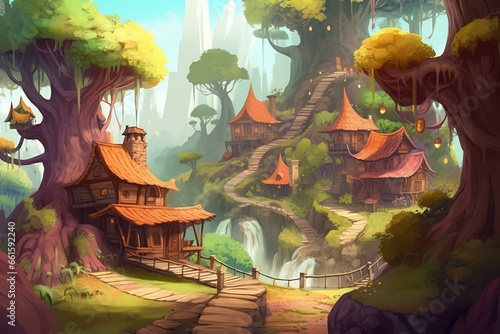 Scene depicting a magical village in a forest with treehouse dwellings. Generative AI