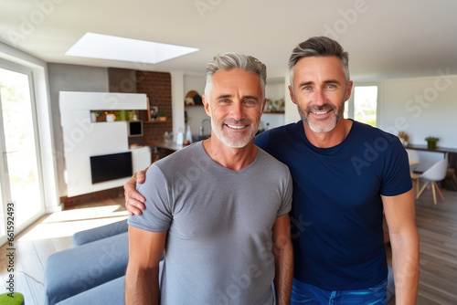 Smiling middle aged homosexual men couple hugging and looking at camera in modern living room at home