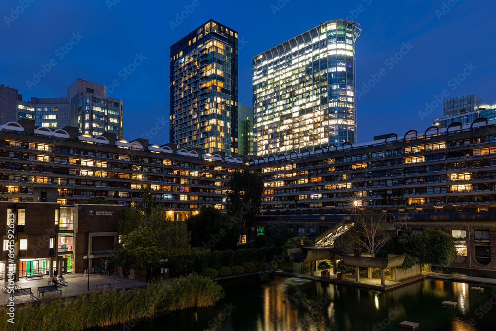 Twilight view of Barbican in City of London, England