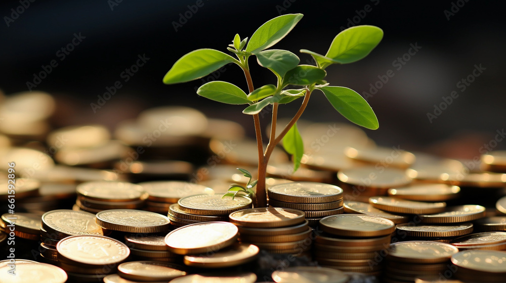 A green sprout, a money tree, grows from gold coins. A green sprout, a money tree, grows from gold coins.