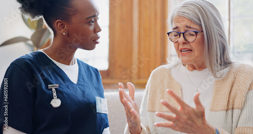 Cuadro en lienzo Mature, sad woman or nurse with empathy or results in consultation for bad news or cancer disease