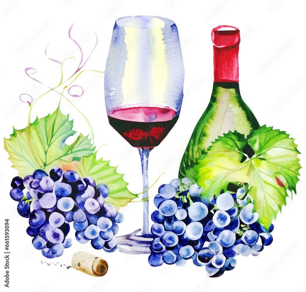 Wino kieliszek i winogrona ilustracja - obrazy, fototapety, plakaty 