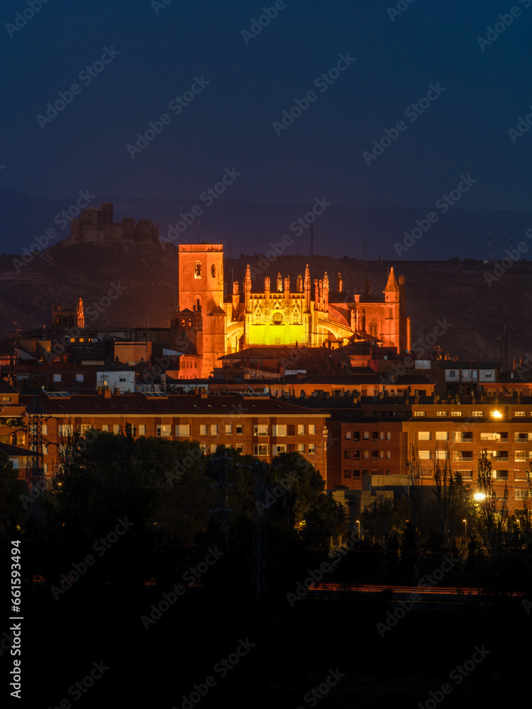 Cathedral of Huesca and ruins of Montearagon. Views of Huesca Cathedral with Montearagon Castle in the background