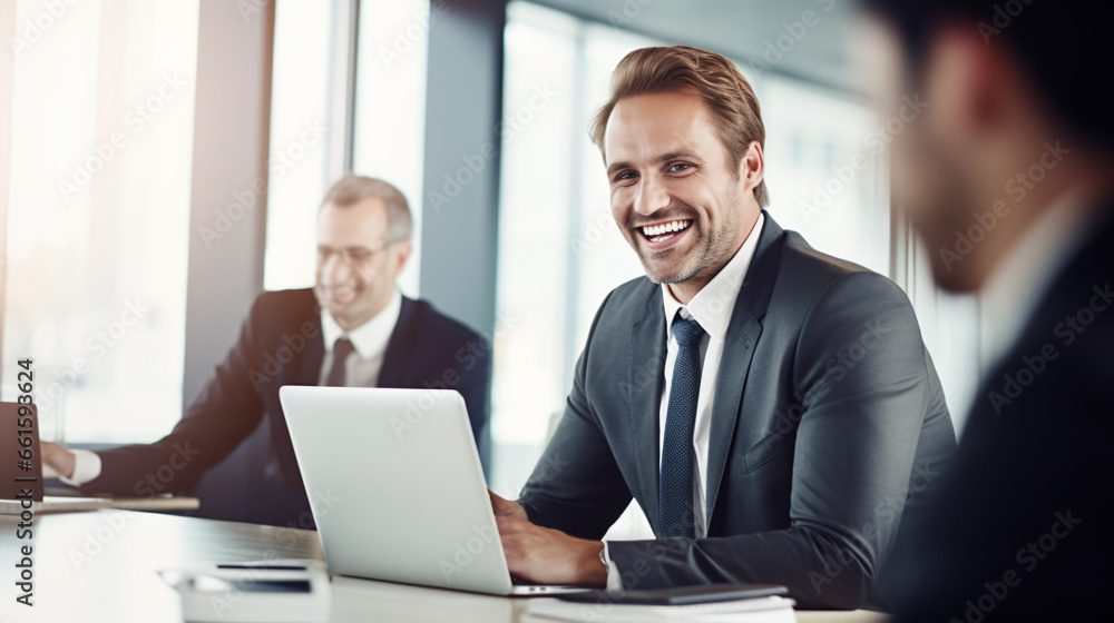Businessman joyfully hearing conversing in an executive conference room. Businessman joyfully hearing conversing in an executive conference room.