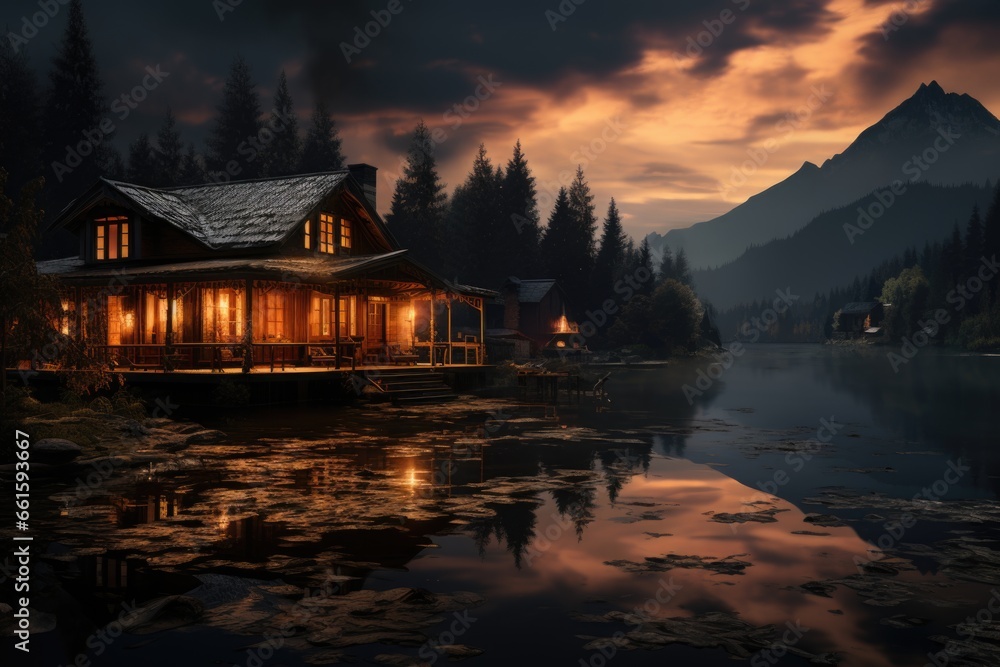 Fototapeta premium A house on a lake at night with a mountain in the background.