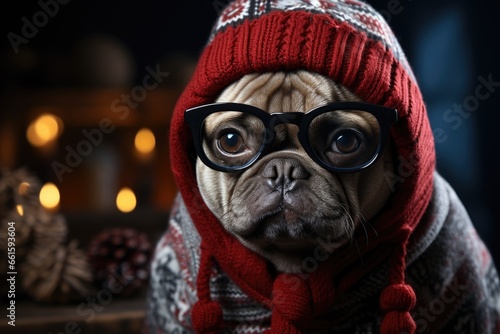 A pug wearing glasses and a knitted hat. © Friedbert