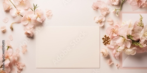 Wedding  birthday stationery mock-up scene. Blank paper greeting card  invitation. Decorative floral composition. Closeup of pink roses petals  peonies  hydrangea flowers and eucalyptus leaves. 