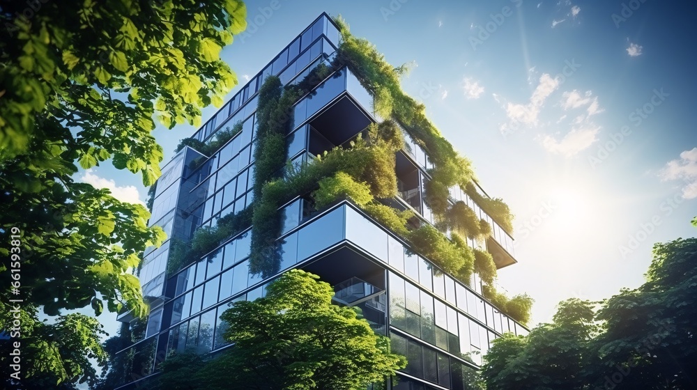 A contemporary, environmentally-friendly office complex featuring a low-angle glass facade and tree-lined paths to reduce heat and CO2 levels. A contemporary, environmentally-friendly office complex featuring a low-angle glass facade and tree-lined paths to reduce heat and CO2 levels.