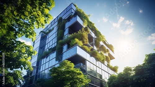 A contemporary, environmentally-friendly office complex featuring a low-angle glass facade and tree-lined paths to reduce heat and CO2 levels.