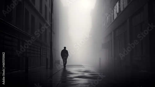 This mysterious  solitary figure s sauntering stroll through hazy city roads creates a sombre monochrome scene.