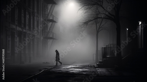 A mysterious, solitary figure traipses through a dim, misty cityscape, conjuring up a feeling of seclusion.
