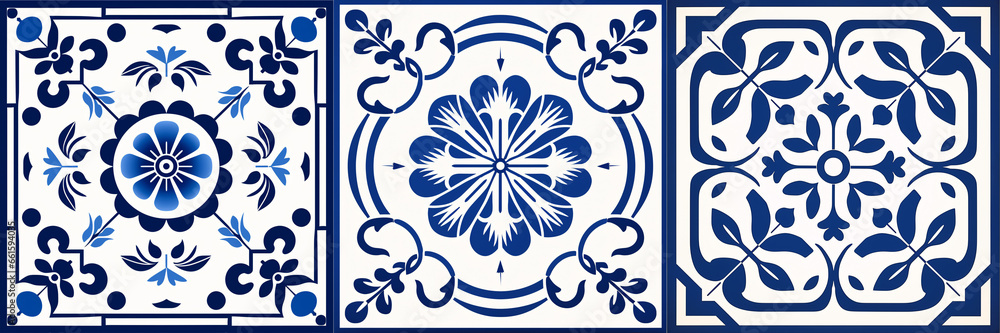 ...A beautiful baroque-style ceramic tile featuring a blue and white porcelain damask and Victorian pattern, centred by a big floral frame. - obrazy, fototapety, plakaty 