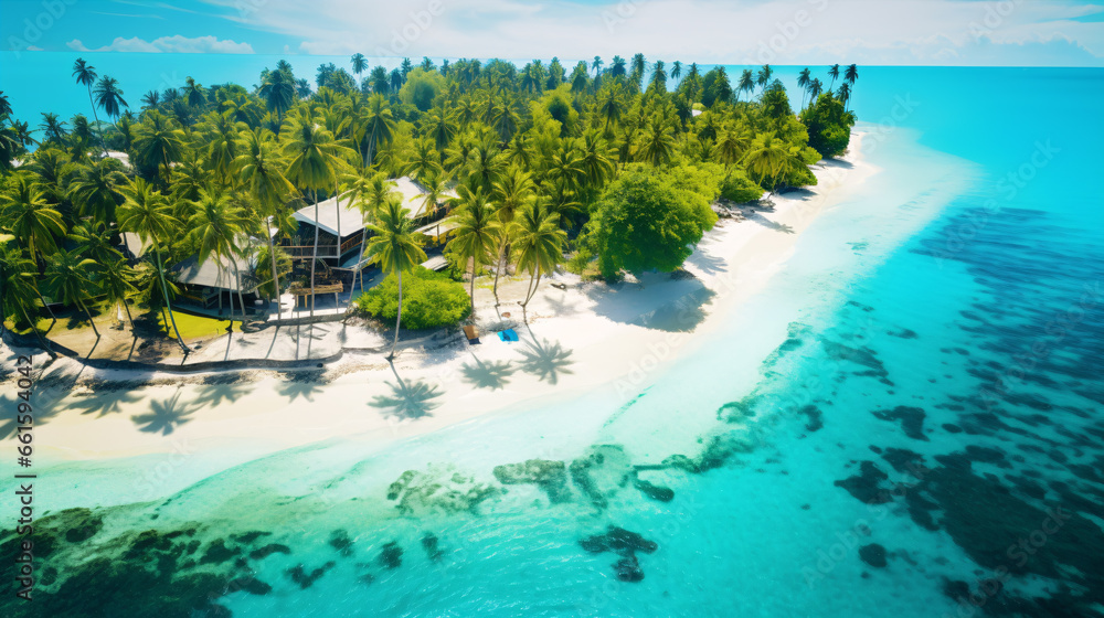 Spectacular aerial view of an idyllic tropical islet, flaunting tranquil turquoise waters and pristine sandy shores.