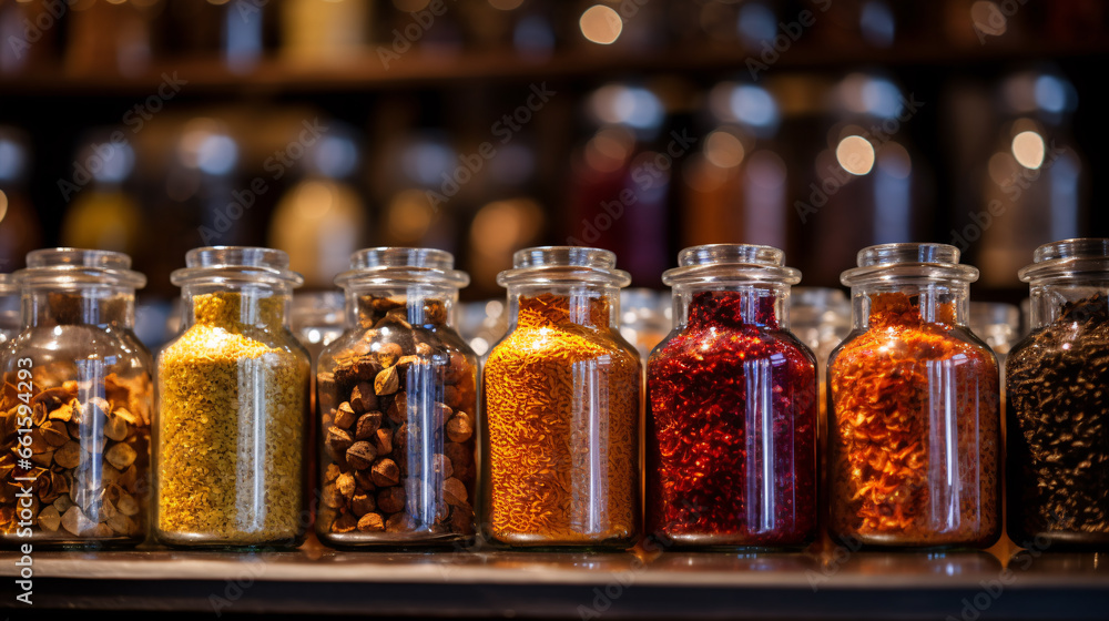 A closeup of bright-hued, textured spices in traditional flasks at a spice bazaar is to be seen. A closeup of bright-hued, textured spices in traditional flasks at a spice bazaar is to be seen.
