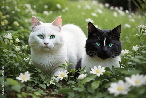 black and white cats on grass © Ahmad