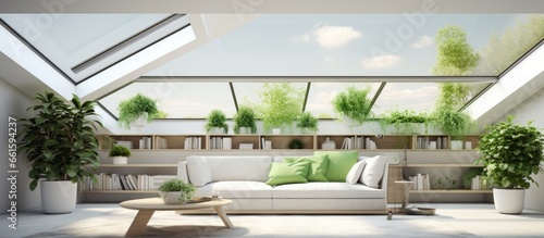 Contemporary living room interior with sofa and green roof terrace With copyspace for text © AkuAku