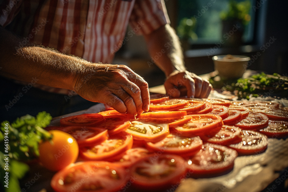 A farm hand gently prepares  freshly sliced tomatoes in a rustic kitchen.