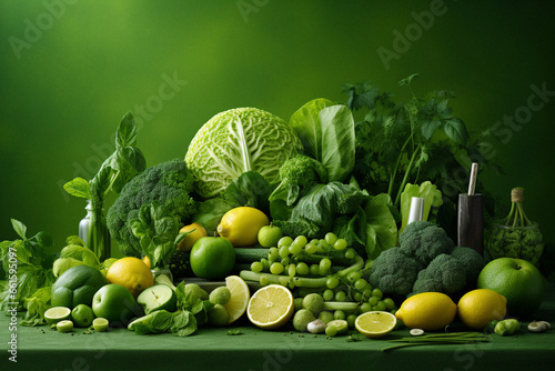 a healthy curated table of fresh green vegetables and fruit, isolated by a green background,  photo