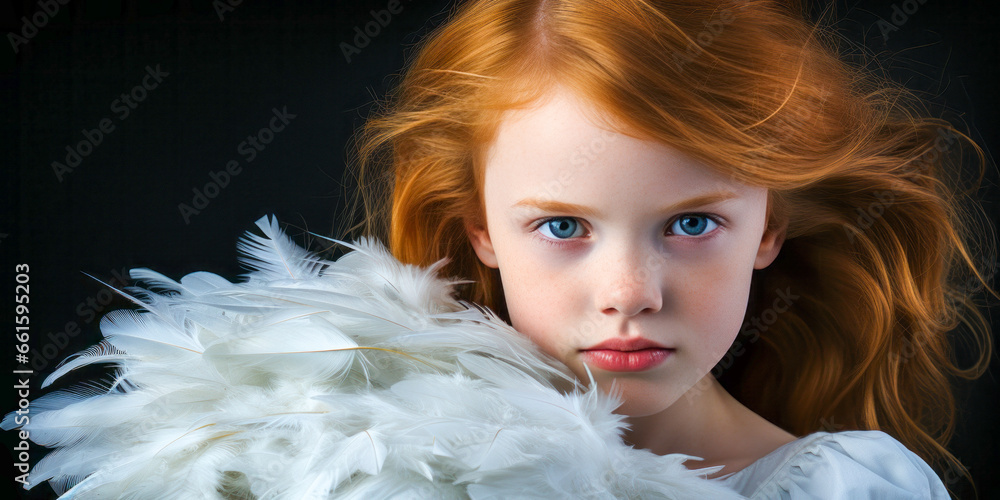Redhead girl in white dress, holding feather close-up Redhead girl in white dress, holding feather close-up