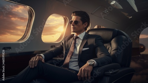 Sky's the limit: Capture the essence of success with an image of a businessman flying on his private jet, symbolizing the pinnacle of corporate achievement. © pvl0707