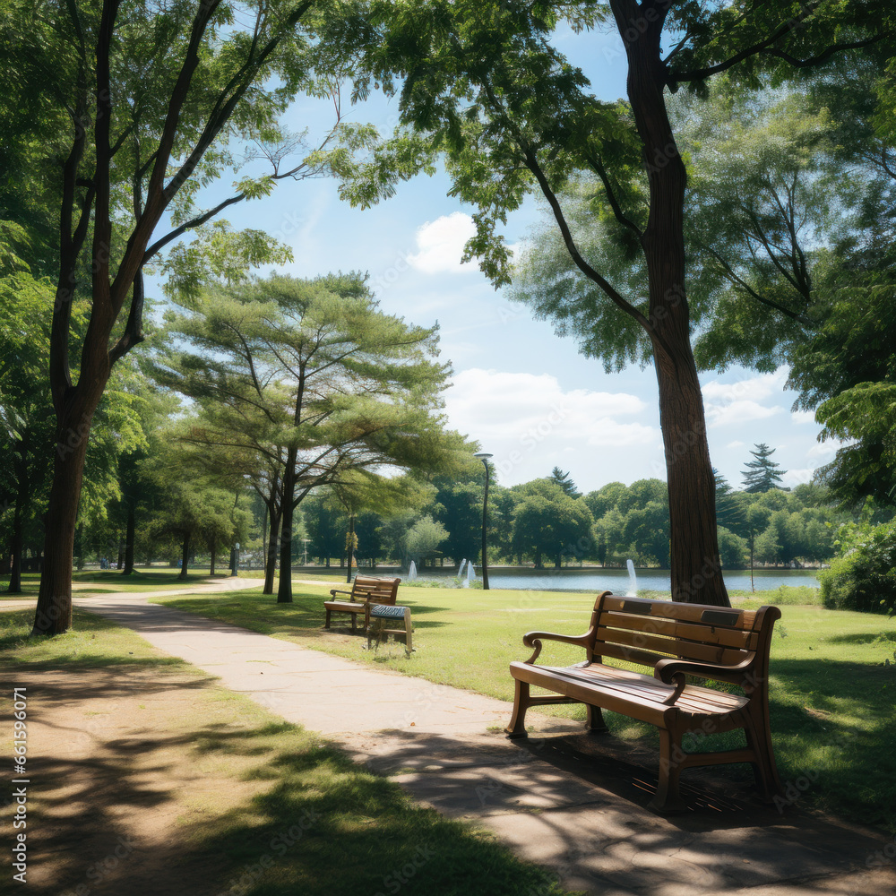Urban green recreation area, park with benches and lake, shady paths along the river or lake