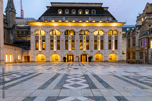 Twilight view of Guildhall yard in City of London, England