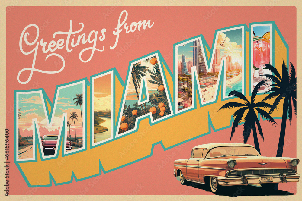 Fototapeta premium Vintage postcard with hand-drawn elements - Miami, Florida