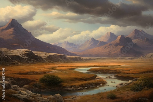 A desert landscape painting with river, mountains, and cloudy sky. Generative AI
