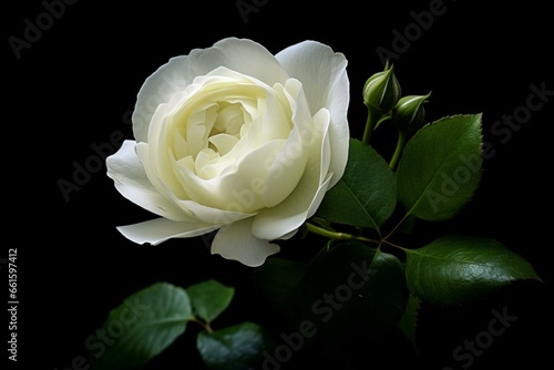 A white rose with green leaves against a black background, with a blurred foreground of the petals and the bud. Generative AI
