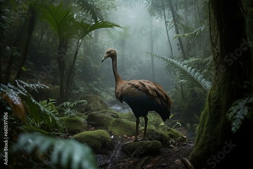 A dodo bird emerges from jungle mists. Generative AI