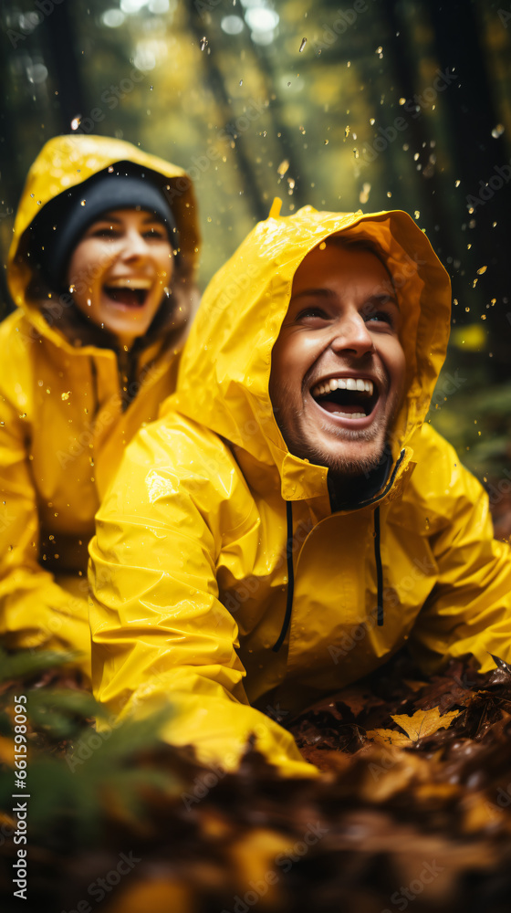 Young couple embraced laughing and enjoying a rainy day. Rainproof clothing. Love concept in autumn