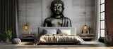 Bohemian style room with baldachin bed large window couch black table with Buddha bust flower vase gray carpet on wooden floor and brick wall with empty frames With copyspace for text