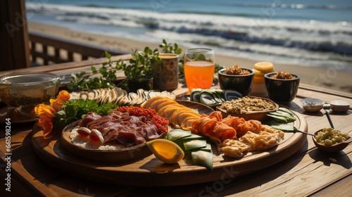 Japanese food on a table on the beach, generative ai