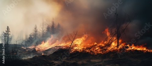 Human negligence causes a severe forest fire in windy conditions burning dry grass on the forest s outskirts and nearby fields in early spring prompting a call to the fire department for he