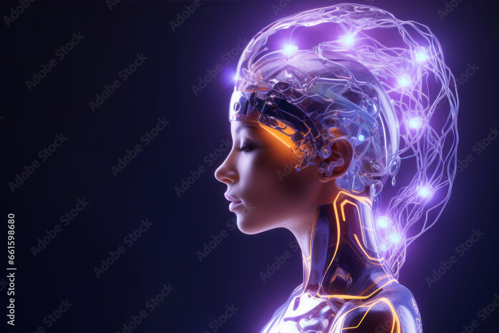 Digital illustration of female head with glowing brain in neon light. 3D rendering