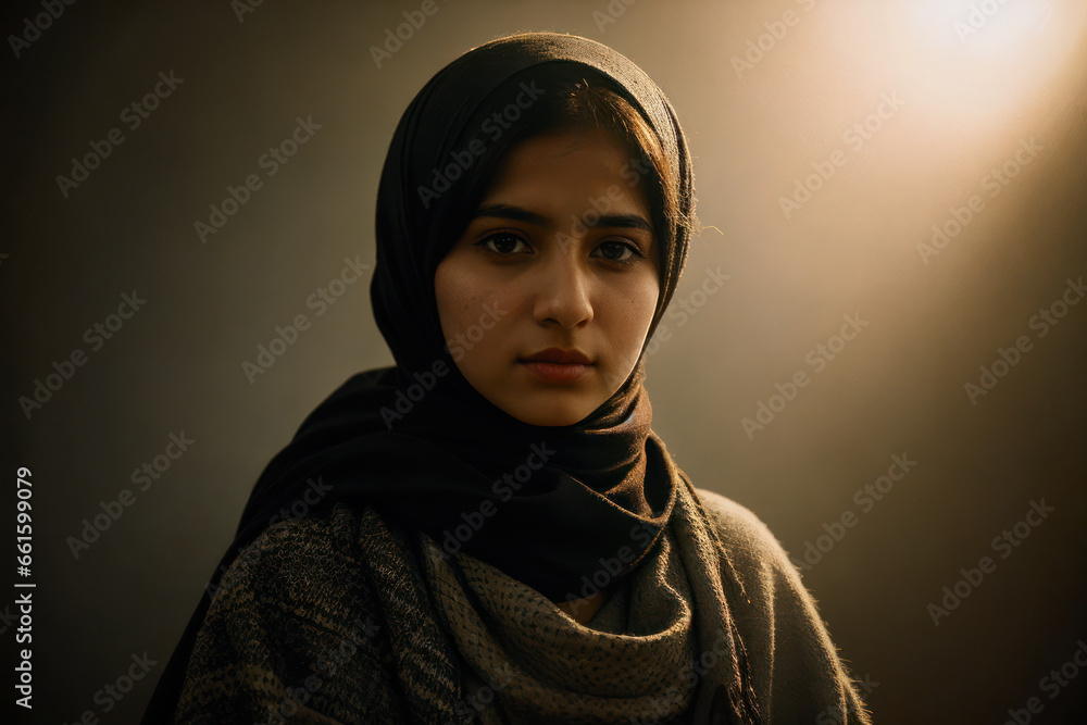 Portrait of the of the very young Middle Eastern girl wearing keffiyeh, traditional clothing Portrait of the of the very young Middle Eastern girl wearing keffiyeh, traditional clothing