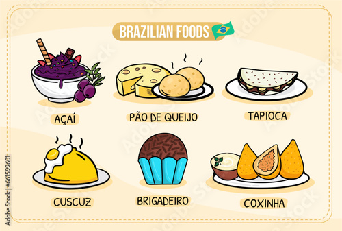 A set of brazilian food with - Couscuz, brigadeiro, tapioca, feijoada, pao de queijo, coxinha, acai