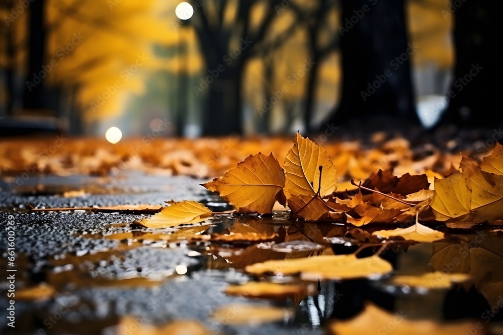 urban autumn landscape, yellow leaves on wet asphalt